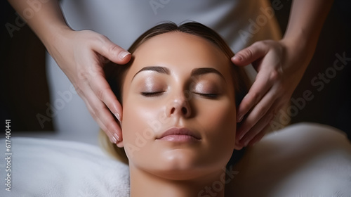 Relaxing massage. Woman receiving head massage at spa salon. AI generative