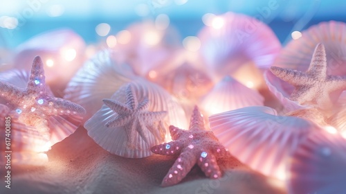 a group of shells and starfish on sand. Generative AI Art.