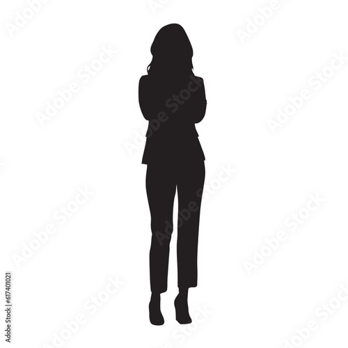 Business woman standing, isolated vector silhouette, front view
