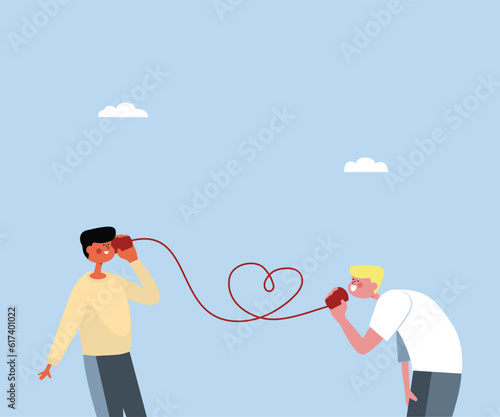 Foto Two young Gay Teenagers Talking to Each Other About Love Via Paper Cup Phones, H