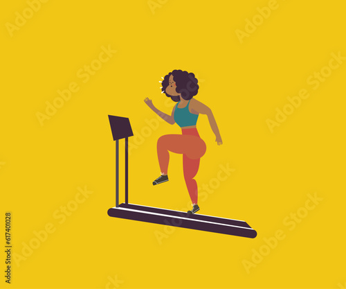 Tired, Sweating, African American Woman exercising on Treadmill