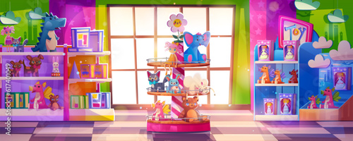Kid toy store interior cartoon vector illustration. Happy children toyshop for buy little gift. Teddy and doll display on wooden rack in market aisle. Indoor mall with floor and big window