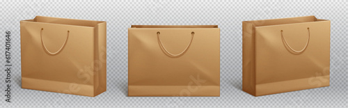 Craft paper bag and brown handle vector mockup. Shopping package mock up to carry purchase front angle view icon merchandising design collection. 3d retail reusable branding merchandise illustration