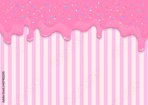 Pink dripping liquid and sprinkles on striped background