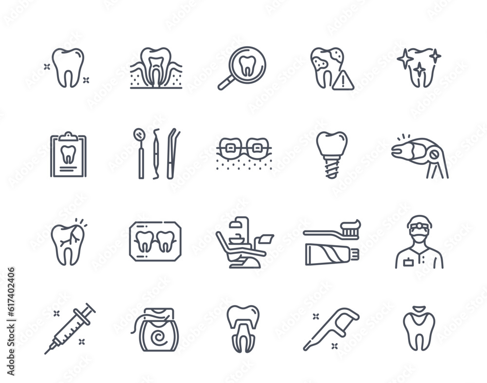 Dentistry and teeth icons. Outline stickers set with flossing and ...