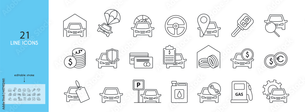 Car dealership line icons set. Seasonal tire storage, car wash, maintenance and repair. Vector icon kit