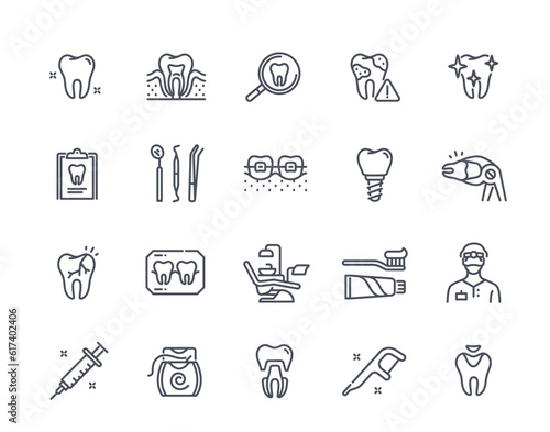 Dentistry and teeth icons. Outline stickers set with flossing and dental health, braces and medical supplies. Dentist, toothache and caries. Linear flat vector collection isolated on white background