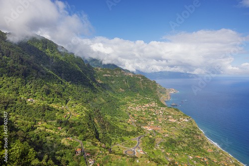 Panorama of Madeira's north coast near Arco de Sao Jorge from the Miradouro da Beira da Quinta, a view point above Arco de Sao Jorge