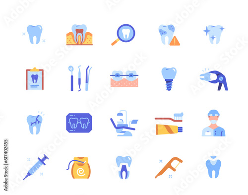 Dentistry and teeth icons. Color stickers with dental floss and brush, braces and medical supplies. Dentist, toothache and caries concept. Cartoon flat vector collection isolated on white background