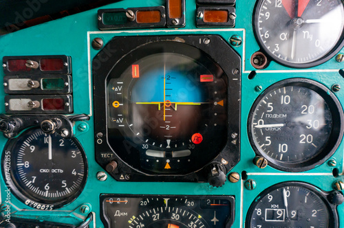 Interior view of a control panel of a vintage airplane with dashboard