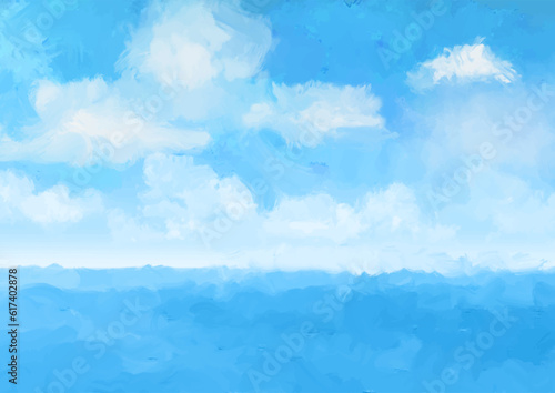 hand painted abstract seascape design with fluffy white clouds