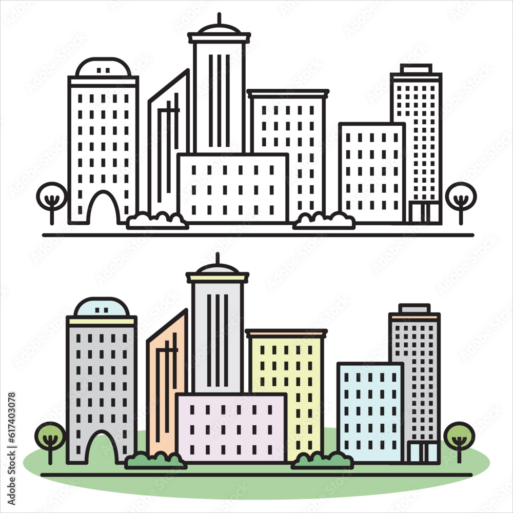 Residential building with trees icon. Big city house flat illustration. City home background.