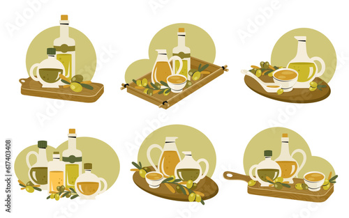 Set of olive oil bottles. Glass open pitcher and corked bottle of extra virgin olive oil on wood board. Kitchenware with branch of olive trees, leaves. Cooking, healthy concept. Vector illustration