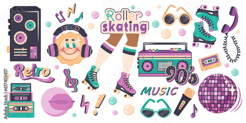 Set of trendy elements in retro style of 90s, 80s, 70s. Hand drawn music template, cartoon character comic sun, roller skating. Vector illustration for nostalgia musical party, advertising poster