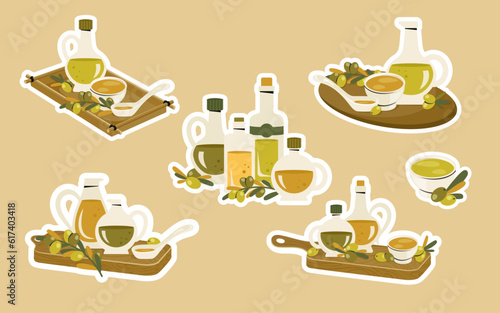 Set of stickers with olive oil bottles. Glass pitcher and corked bottle of extra virgin olive oil on wood board. Kitchenware with branch of olive trees, leaves. Cooking concept. Healthy food. Vector