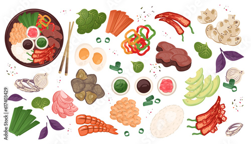 Japanese Food isolated. Set of Asian national ingredients top view. Chinese meal with meat, shiitake mushrooms, vegetables. Vector flat illustration for menu, delivery, restaurant. Cooking concept