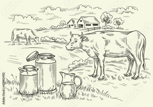 Rural landscape with cow and milk. Hand drawn village sketch with agriculture and domestic animals, pasture and house. Dairy products, harvest and countryside concept. Linear flat vector illustration