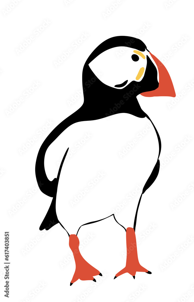 Naklejka premium Hand drawn illustration of puffin bird in black white orange. Natural nature species, seabird cute character design, sea ocean animal art, simple minimalist zoo print.