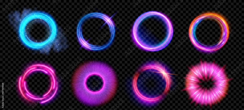 Optical halo flares with neon light vector effect set isolated on transparent background. Circle lens ring with glitter 3d digital design. Radiant speed motion design. Magic energy vortex with spark - obrazy, fototapety, plakaty 