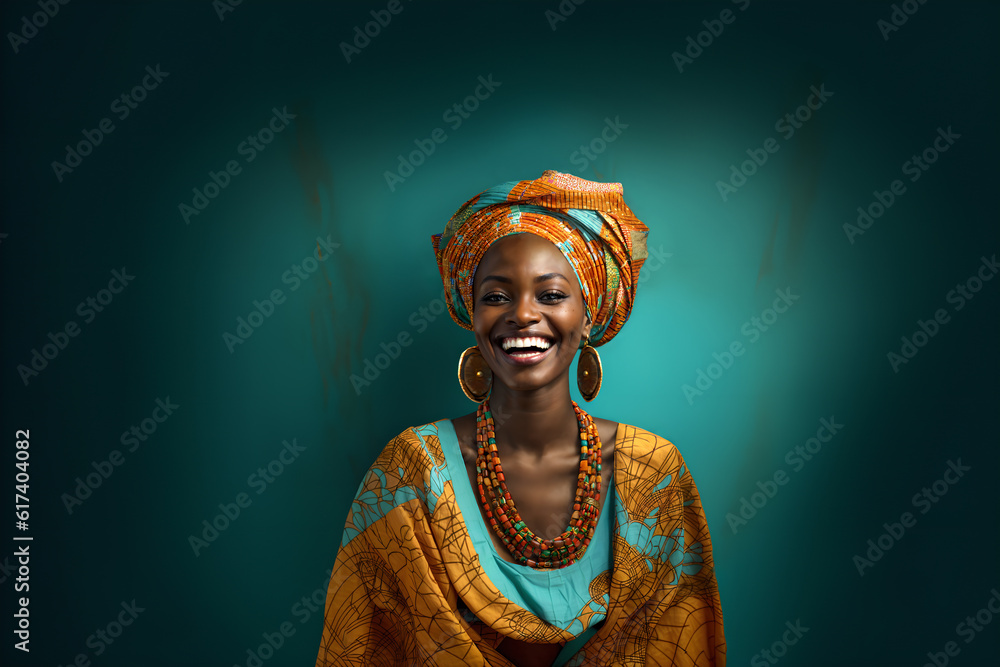 Smiling black woman in traditional African outfit. She is standing against a teal colored backdrop.