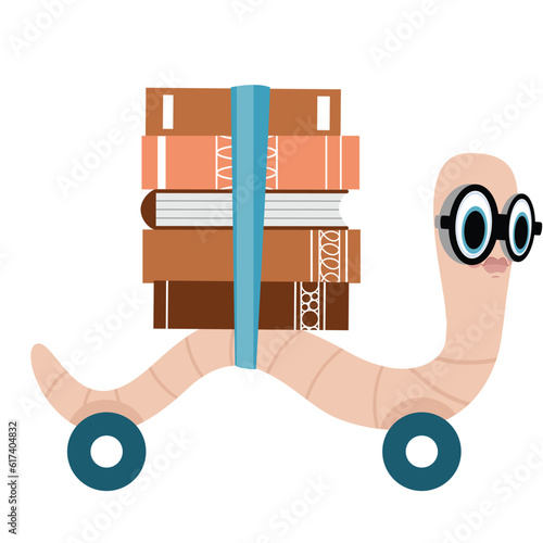 Bookworm Riding with Wheels with Book Strapped to Back to Library