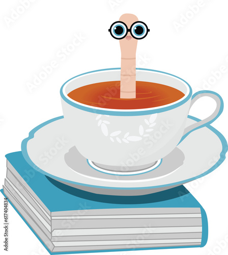 Bookworm Swimming in Cup of Tea on Top of Book