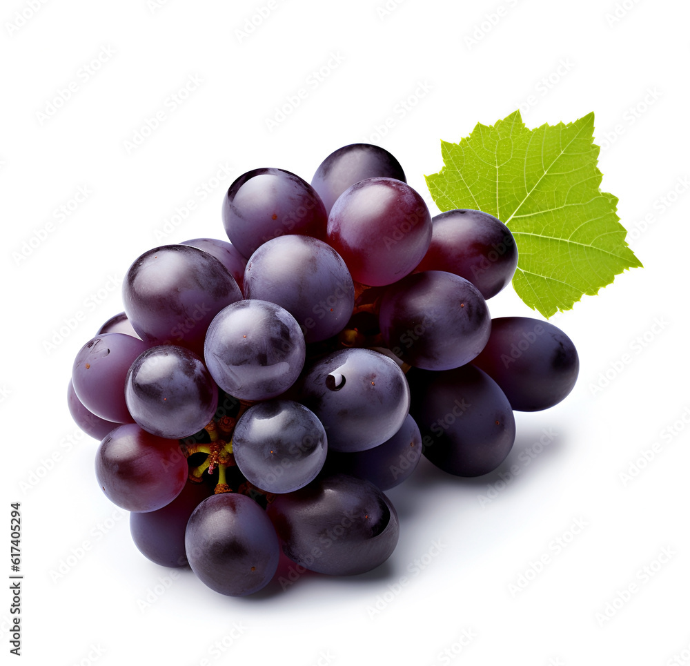 Fototapeta premium Sweet grapes fruits with leaves on white backgrounds. Generated Ai