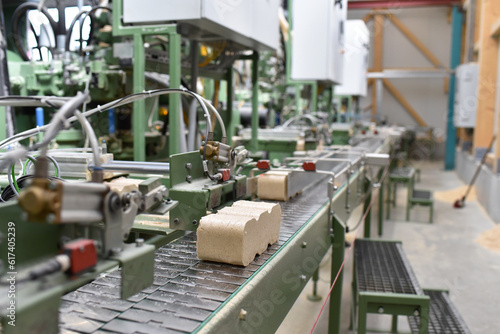 assembly line in modern industry for the production of wood pellets for environmentally friendly heating