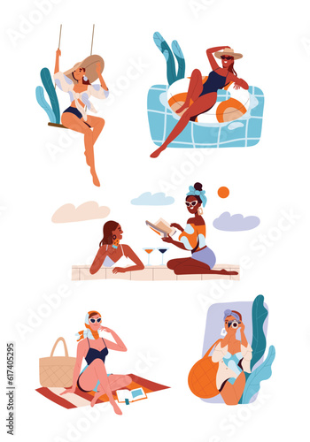 Girls on vacation set. Beautiful women communicate and drink cocktails, read book, swim in pool and relax. Characters and summer leisure. Cartoon flat vector collection isolated on white background
