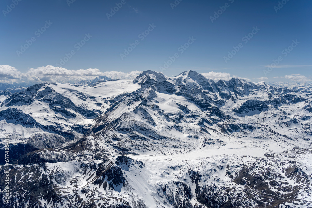 Bianco lake at Bernina pass, aerial from east, Switzerland