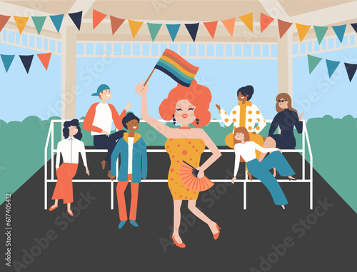 Pride Month Festivity, Park Party, Celebration with Community and Drag Queen Performance Under a Pavilion
