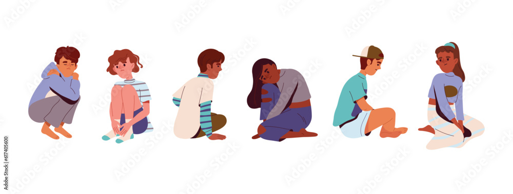 Teenagers sitting sad set. Young character suffer from mental psychological disorder, anxiety and loneliness. Children frustrated and upset. Cartoon flat vector collection isolated on white background Teenagers sitting sad set. Young character suffer from mental psychological disorder, anxiety and loneliness. Children frustrated and upset. Cartoon flat vector collection isolated on white background