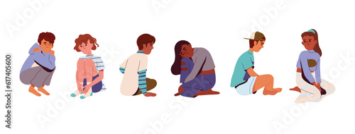 Teenagers sitting sad set. Young character suffer from mental psychological disorder, anxiety and loneliness. Children frustrated and upset. Cartoon flat vector collection isolated on white background