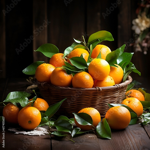 Ripe oranges fruits  in a basket closeup. Generated Ai