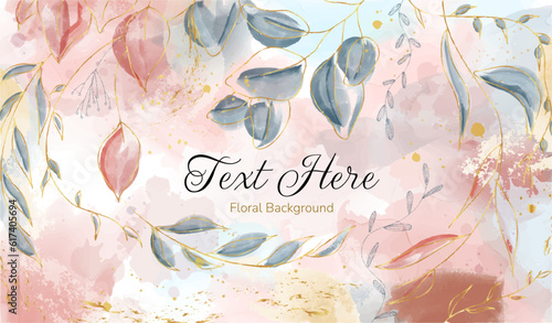 Floral spring background. Luxury watercolor poster or banner with linear blooming flowers and template text. Elegant cover with floral gilded print for invitations. Cartoon flat vector illustration