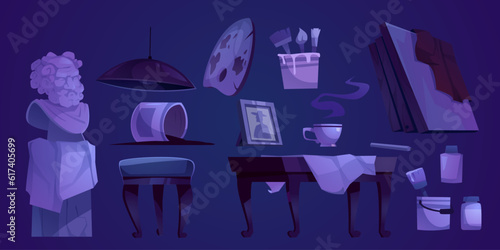Night art studio room with easel interior paint set. Artist workshop class isolated furniture clipart vector illustration. Drawing school classroom cartoon design with sculpture, frame and paints icon