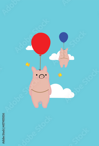 Two Cute Flying Pigs Float Up in the Sky with Balloons, Like The Saying, When Pigs Fly