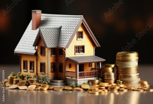 Housing and financial preparation for retirement, tiny house model on a row of gold coins