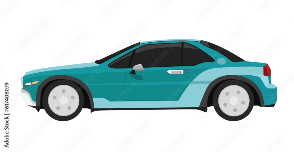 Concept vector illustration of detailed side of a flat green classic car. Isolated white background.