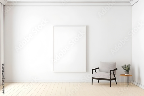 Living room with a chair, coffee table with green plant. Vertical frame mockup of empty space on the wall. Minimalism. Scandinavian style. Generative Ai