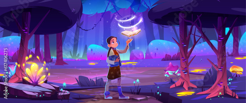Teen girl looking at magic book flying in air. Vector cartoon illustration of happy female character standing near lake in night forest with neon glowing trees. Reading hobby, education concept