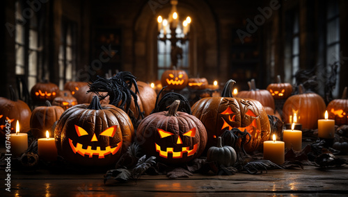 Halloween carved pumpkin head jack lantern with burning candles and colorful bokeh background, Jack O lanterns in spooky room on wooden shelf copy space