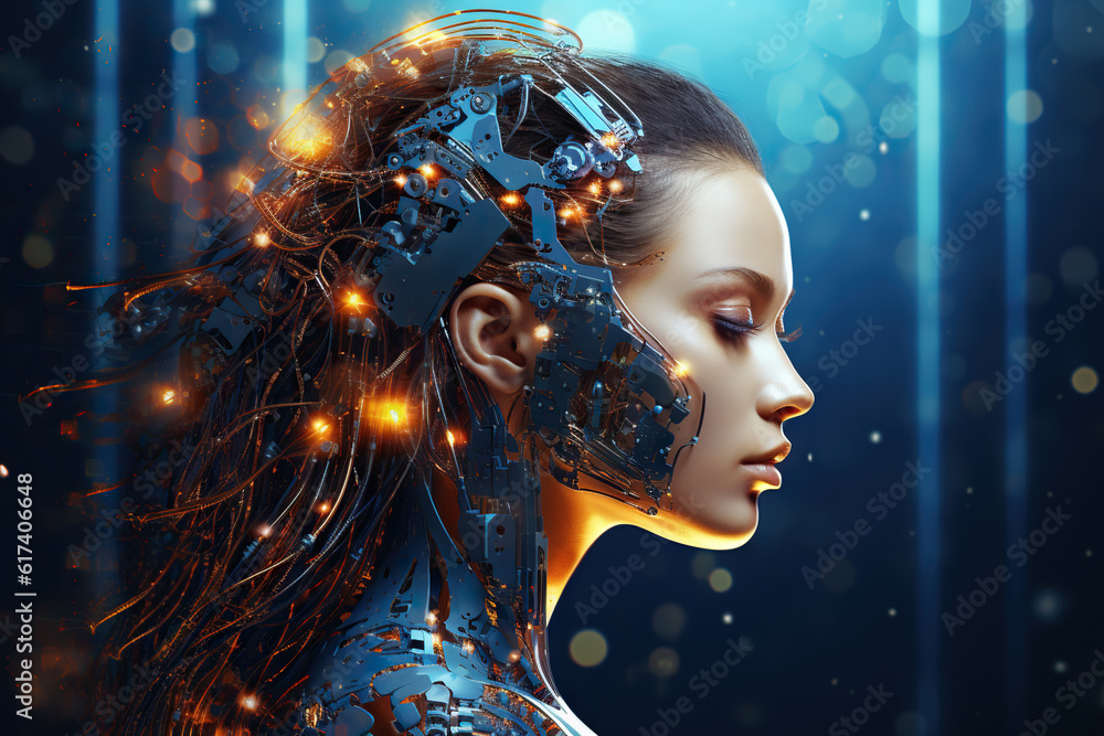 Cyborg woman with digital neural network, on a futuristic techno background. Artificial intelligence concept. Generative AI
