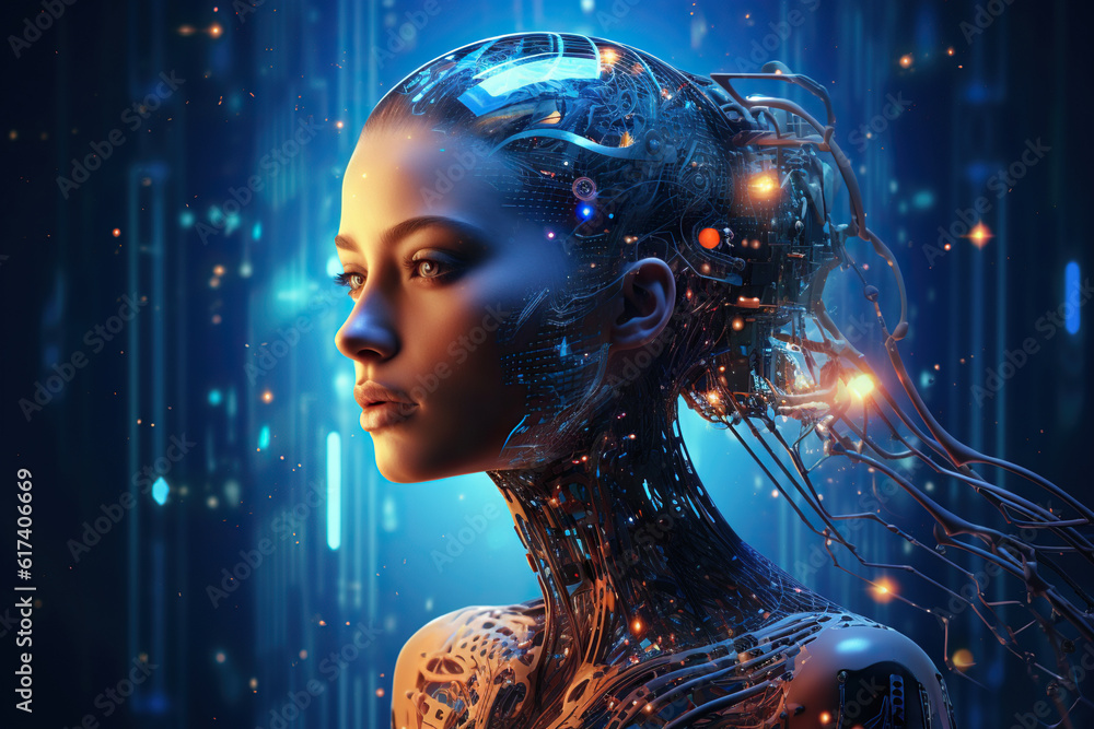 Cyborg woman with digital neural network, on a futuristic techno background. Artificial intelligence concept. Generative AI Cyborg woman with digital neural network, on a futuristic techno background. Artificial intelligence concept. Generative AI