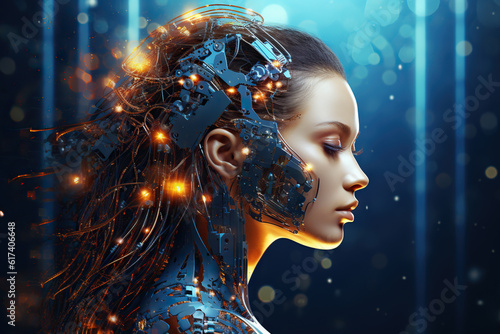 Cyborg woman with digital neural network, on a futuristic techno background. Artificial intelligence concept. Generative AI