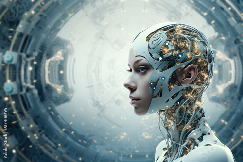Cyborg woman with digital brain on a futuristic techno background. Artificial intelligence concept. Generative AI