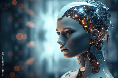 Cyborg woman with electronic neural network, on a futuristic techno background. Artificial intelligence concept. Generative AI