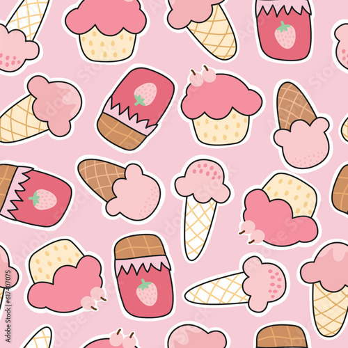 Vibrant and whimsical ice cream illustrations in a cute, hand-drawn flat style. This seamless pattern brings cheerful and playful vibes, perfect for summer designs and festive celebrations.