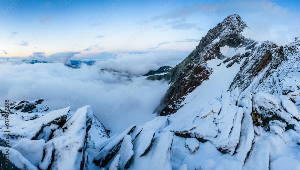 A panoramic view at the highest Austrian mountain Grossglockner in Hohe Tauern national park early in the morning.