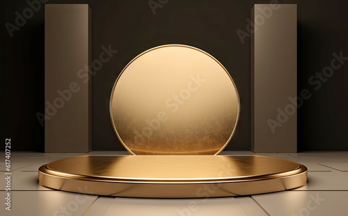 Golden Round Stage Podium with Minimal Design and Luxury Showcase Background for Product Display in Studio Showroom or Scene Mockup Generative AI illustrations